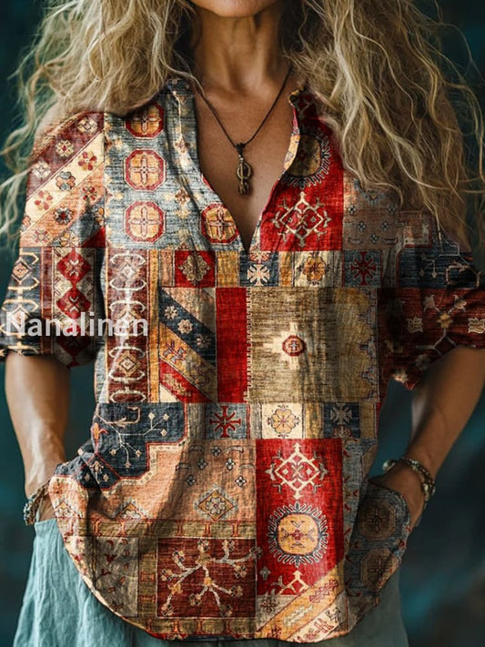 Women’s Vintage Splicing Floral Print Casual Long Sleeve Comfortable Cotton Shirt Flax Yellow / S