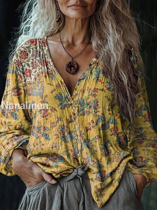 Women’s Vintage Style Art Print V-Neck Casual Cotton And Linen Shirt Colorful / S