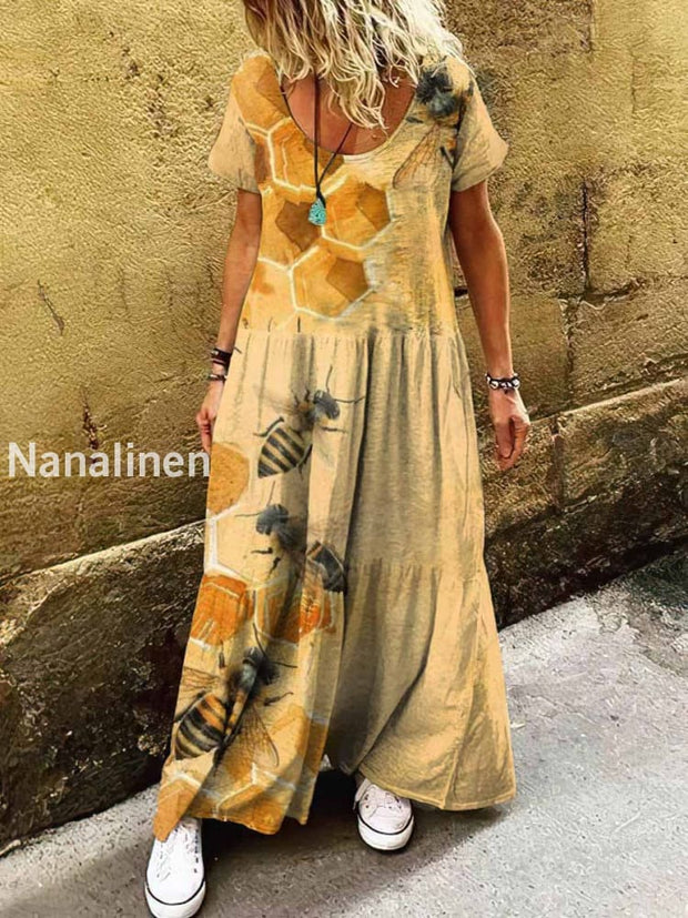 Women’s Vintage Style Bees Print Art Short Sleeve Casual Dress Colorful / S