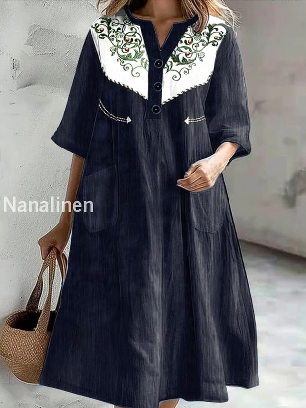 Women’s Vintage Style Print Casual V-Neck Midi Sleeve Button Dress Colorful / S