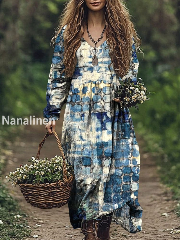 Women’s Vintage Swoosh Geometric Art Print V-Neck Long Sleeve Dress Colorful / S