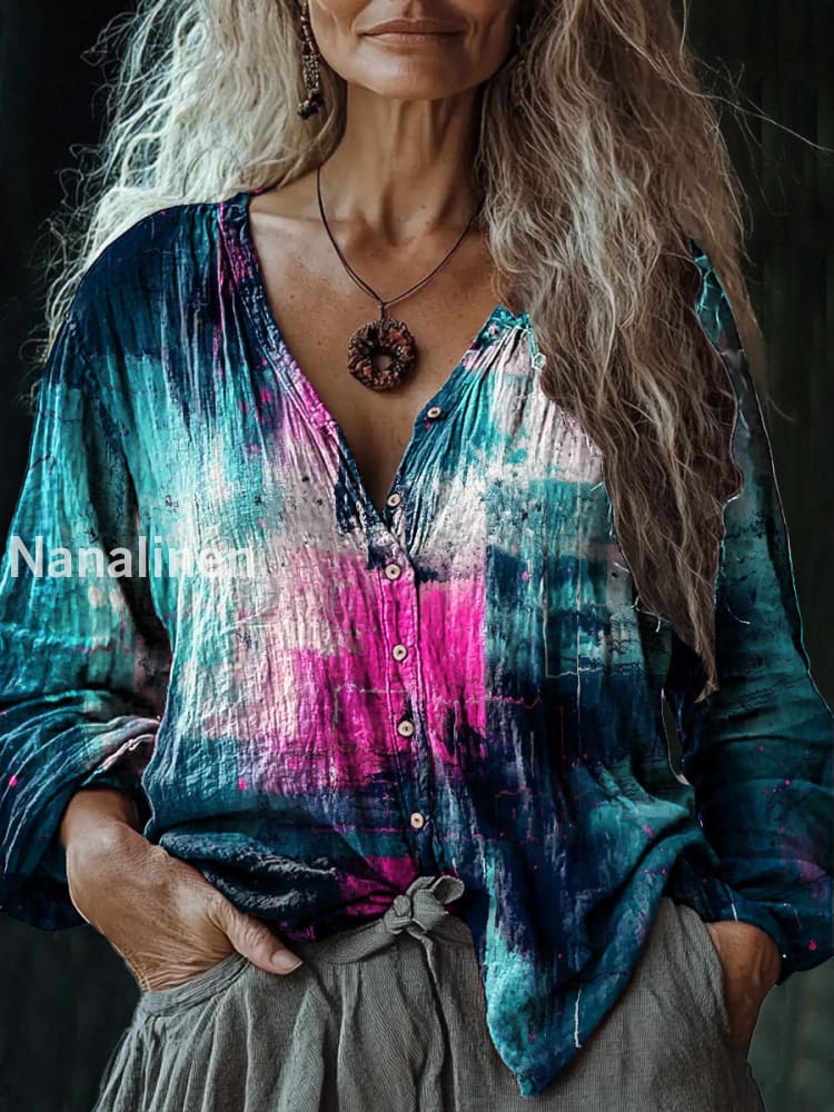 Women’s Vintage TIe-Dye Art Print V-Neck Casual Cotton And Linen Shirt Colorful / S