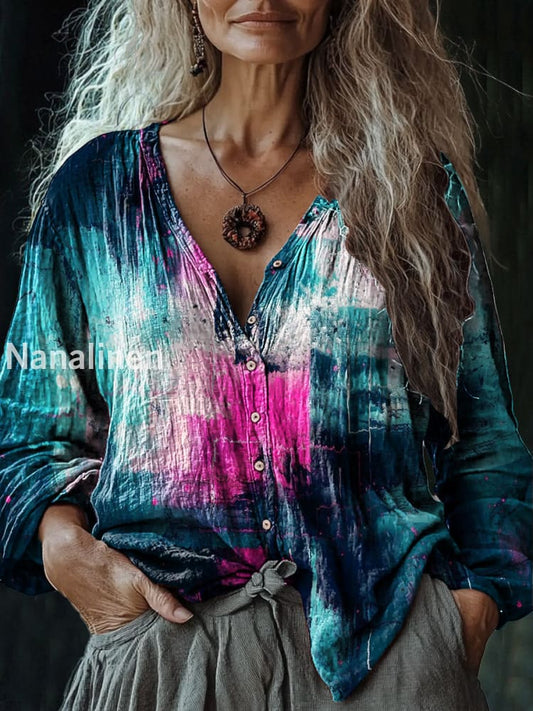 Women’s Vintage TIe-Dye Art Print V-Neck Casual Cotton And Linen Shirt Colorful / S