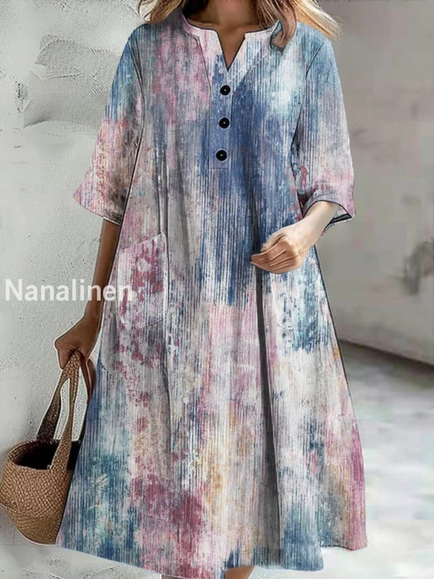 Women’s Vintage Tie-Dye Print Casual V-Neck Midi Sleeve Button Dress Colorful / S