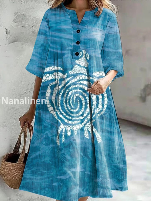 Women’s Vintage Turtle Print Casual V-Neck Midi Sleeve Button Dress Colorful / S
