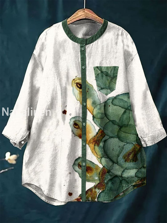 Women’s Vintage Turtles Art Print Casual Cotton Linen Round Neck Top White / S