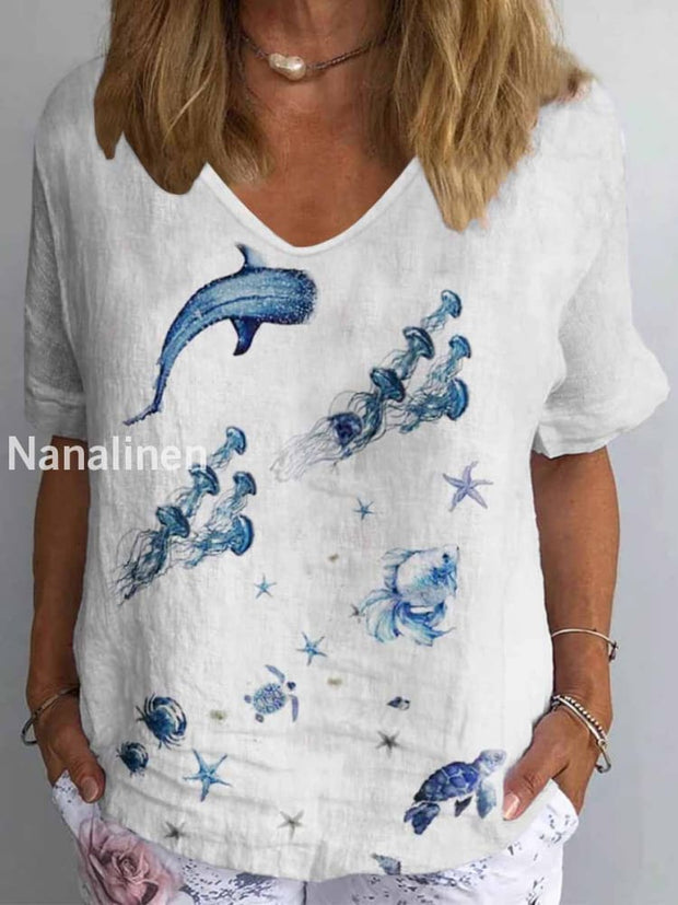 Women’s Vintage Underwater Art Print Casual Cotton Linen Round Neck Top White / S