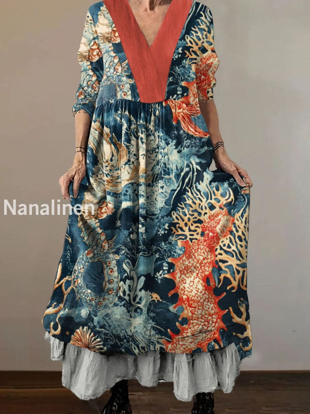 Women`s Vintage Underwater Art Print Cotton V-neck Midi Dress Colorful / S
