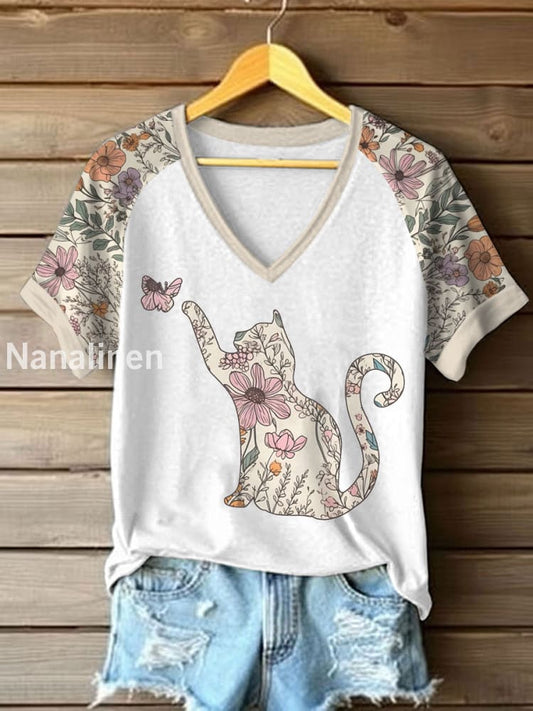 Women’s Wildflowers Cat Print Casual T-Shirt White / S