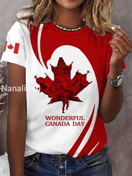 Women’s Wonderful Canada Day Canadian Flag Maple Leaf Print Casual Tee Red / S