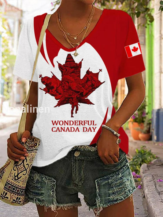 Women’s Wonderful Canada Day Canadian Flag Maple Leaf Print Casual V-Neck Tee Red / S